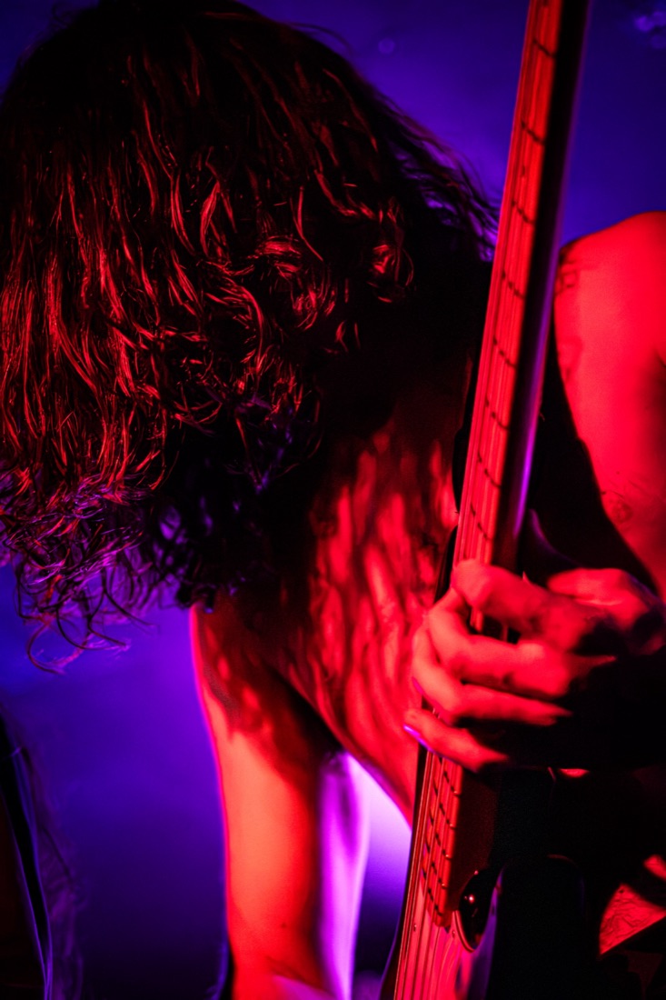 Shirtless bassist with long curly hair over his face in red and purple light
